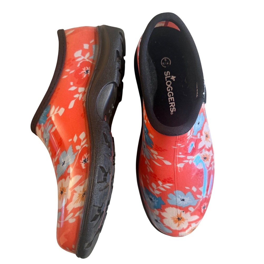 Sloggers Womens 9 Garden Shoes Orange Blue Floral Waterproof Slip On Clogs USA